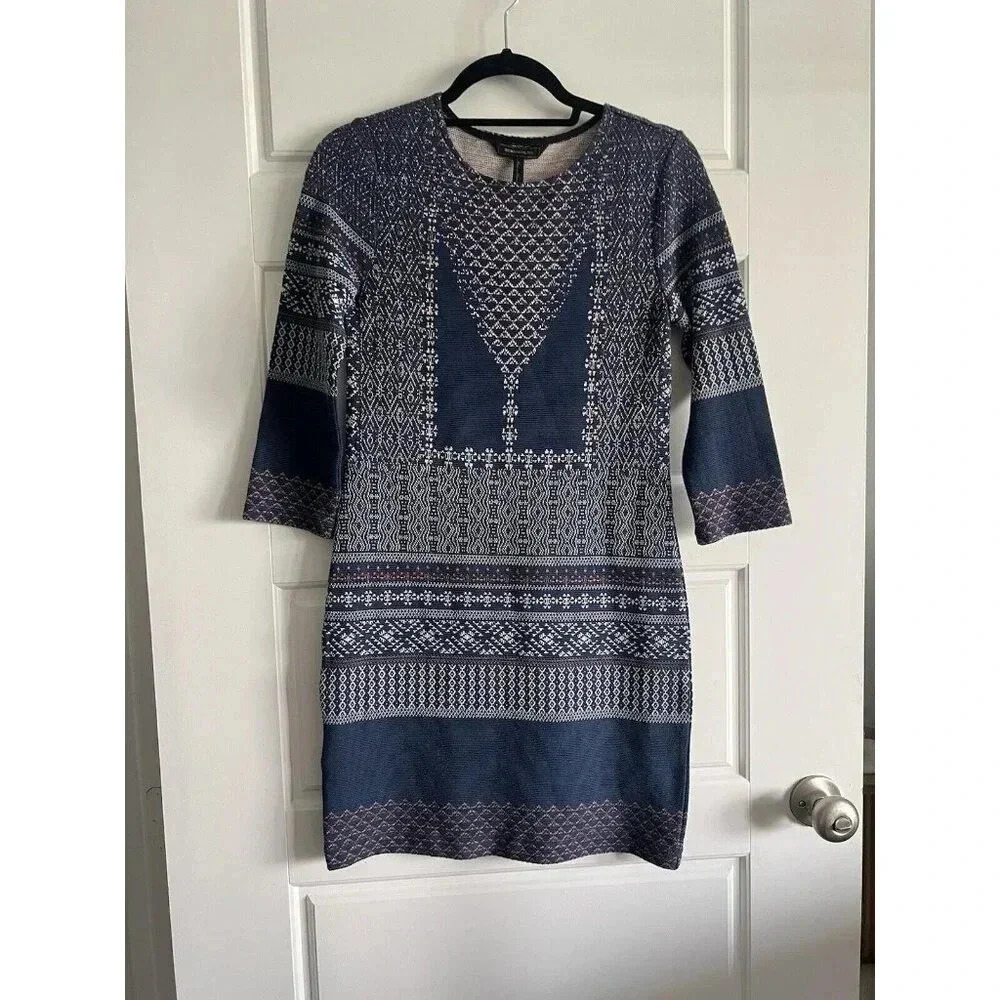 BCBGMAXAZRIA‎ XXSmall Beth Boho Knit Jaquard Bodycon Dress Blue Multi